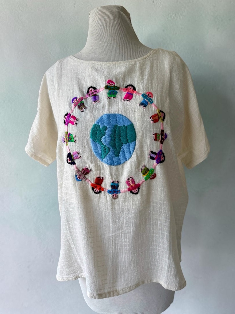 Vtg 90s Guatemalan Embroidered Children Around World Gauze Top M/L Peace Boho